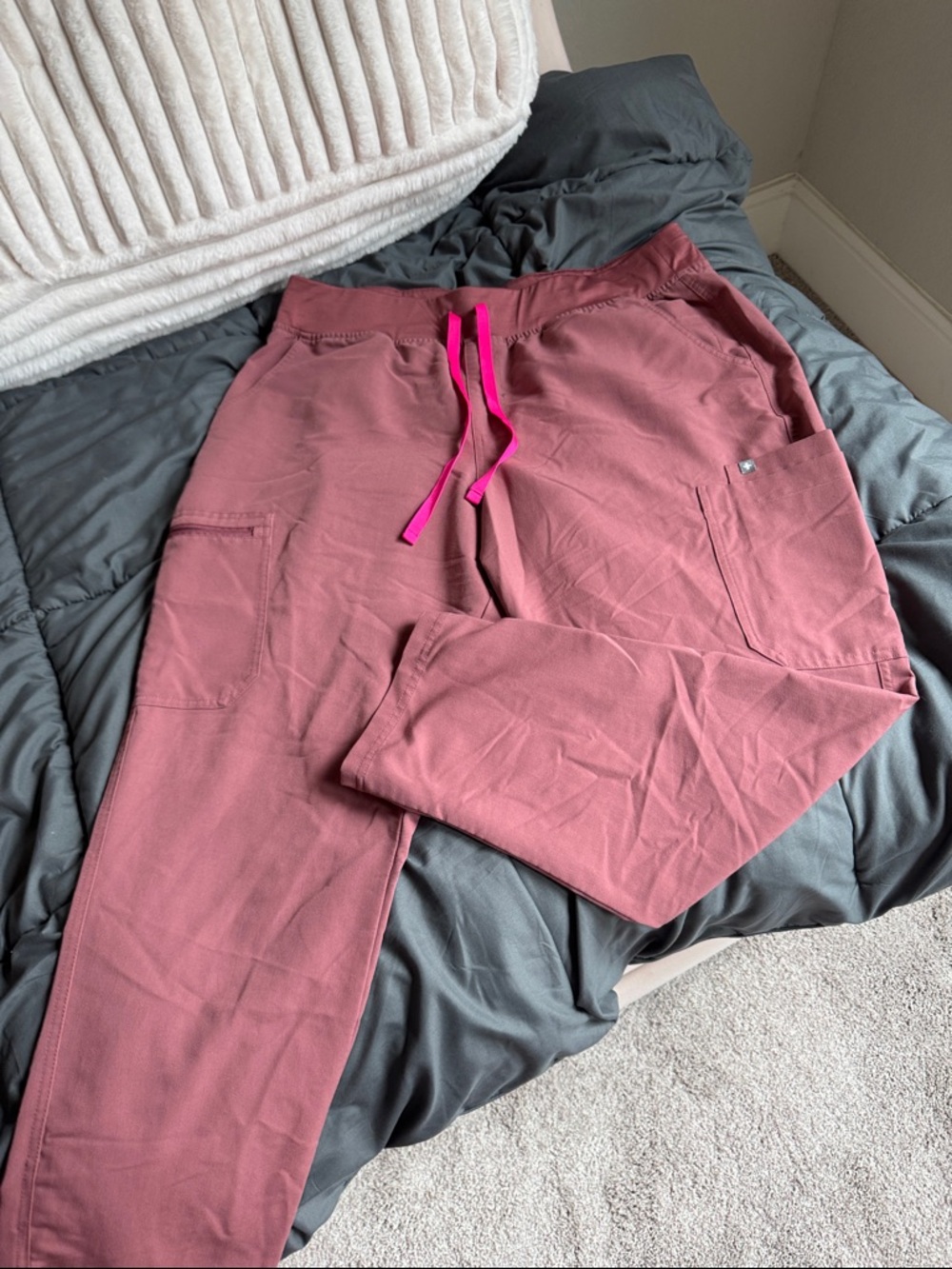 Figs Rose Cargo Joggers with Hot Pink Drawstring